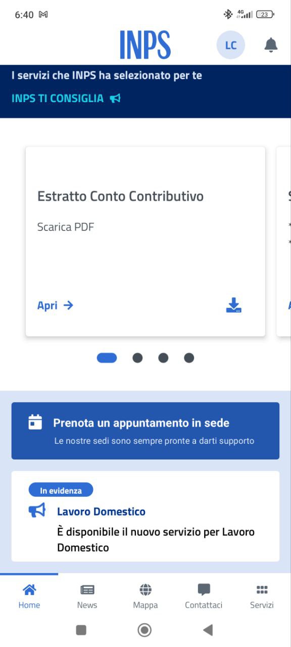 Schermata Home dell'app INPS Mobile con servizi consigliati e notifiche