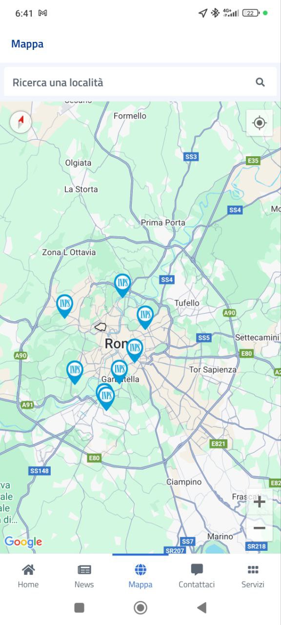 Schermata Mappa dell'app INPS Mobile che mostra le sedi INPS