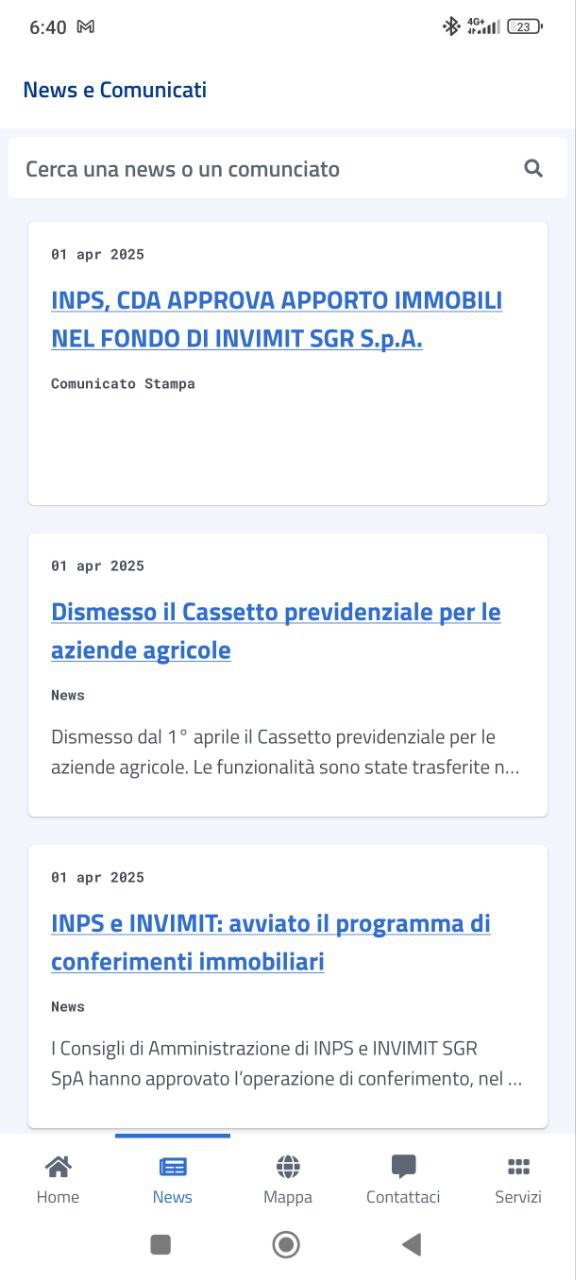 Schermata News dell'app INPS Mobile con elenco notizie e comunicati