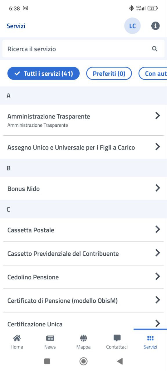 Schermata Servizi dell'app INPS Mobile con l'elenco alfabetico dei servizi disponibili